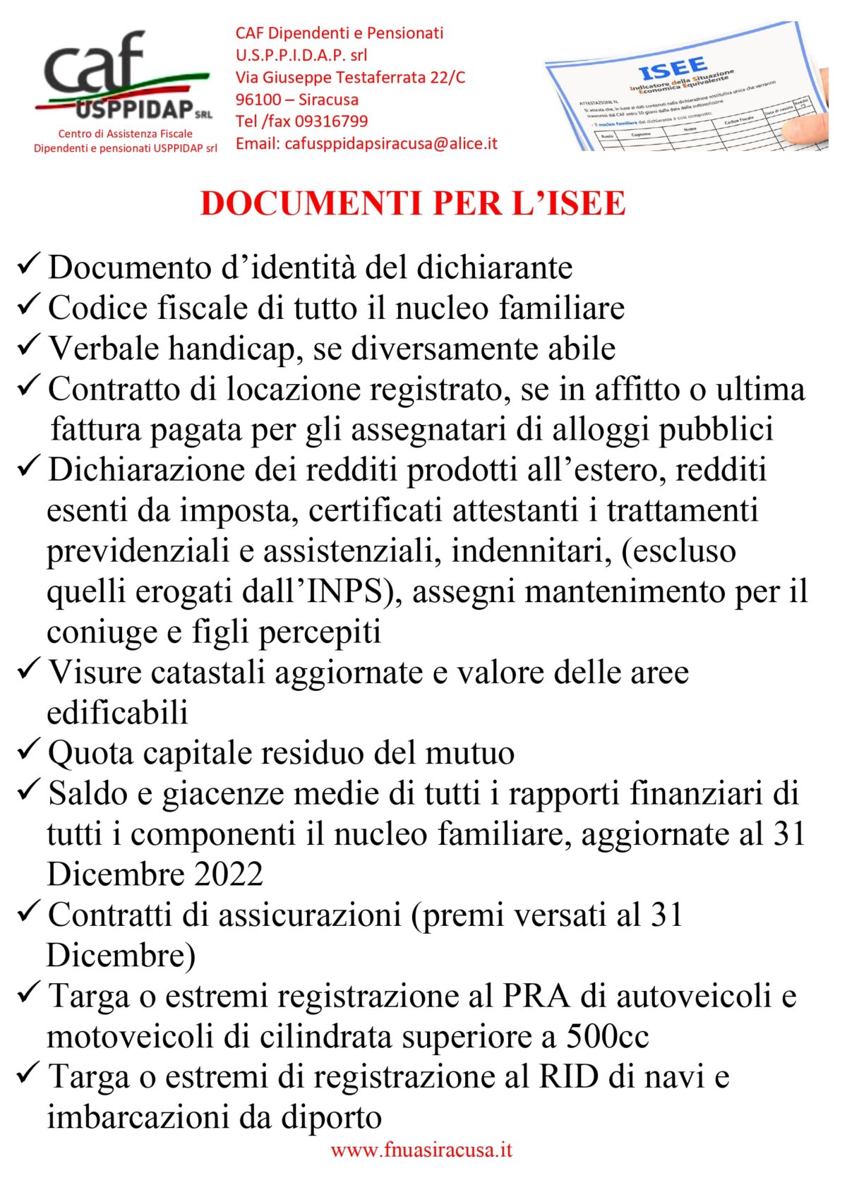 Documenti per l’ISEE 2024 FNUA SIRACUSA